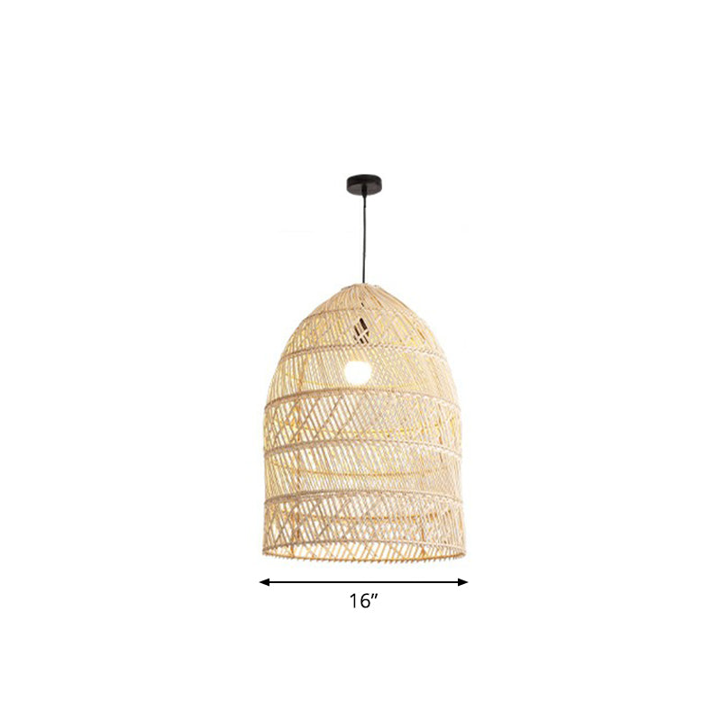 Domed Bedroom Ceiling Pendant Lamp Rattan 1-Head Rustic Suspension Light Fixture Wood Small Oval Clearhalo 'Ceiling Lights' 'Modern Pendants' 'Modern' 'Pendant Lights' 'Pendants' Lighting' 2415444