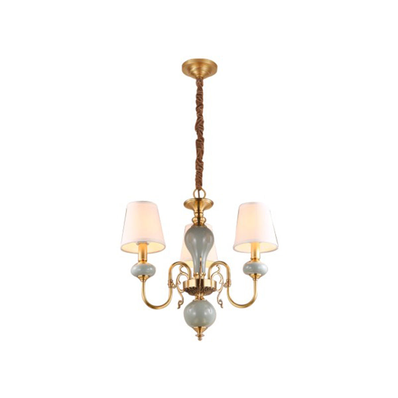3 Heads Chandelier Traditional Tapered Shade Fabric Ceiling Light in Gold for Dining Room Gold Clearhalo 'Ceiling Lights' 'Chandeliers' 'Modern Chandeliers' 'Modern' Lighting' 2415471