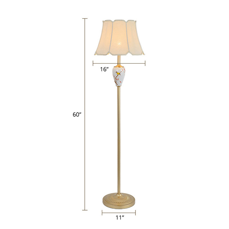 Fabric Flared Floor Light Classic 1-Light Living Room Accent Lamp with Scalloped Trimming in Gold Gold Octagon Clearhalo 'Floor Lamps' 'Lamps' Lighting' 2415496