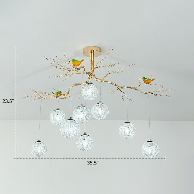 Ball Tree LED Chandelier Artistic Aluminum Wire Gold Hanging Lamp with Bird Decorations 9 Gold White Clearhalo 'Cast Iron' 'Ceiling Lights' 'Chandeliers' 'Industrial Chandeliers' 'Industrial' 'Metal' 'Middle Century Chandeliers' 'Rustic Chandeliers' 'Tiffany' Lighting' 2415657