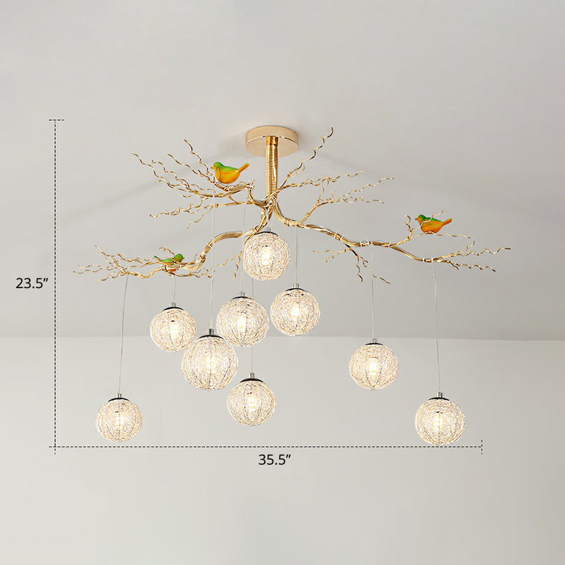 Ball Tree LED Chandelier Artistic Aluminum Wire Gold Hanging Lamp with Bird Decorations 9 Gold Warm Clearhalo 'Cast Iron' 'Ceiling Lights' 'Chandeliers' 'Industrial Chandeliers' 'Industrial' 'Metal' 'Middle Century Chandeliers' 'Rustic Chandeliers' 'Tiffany' Lighting' 2415659