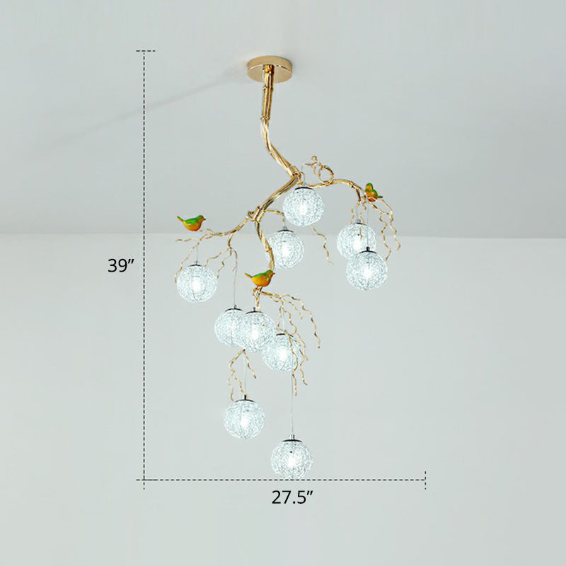 Ball Tree LED Chandelier Artistic Aluminum Wire Gold Hanging Lamp with Bird Decorations 10 Gold White Clearhalo 'Cast Iron' 'Ceiling Lights' 'Chandeliers' 'Industrial Chandeliers' 'Industrial' 'Metal' 'Middle Century Chandeliers' 'Rustic Chandeliers' 'Tiffany' Lighting' 2415660