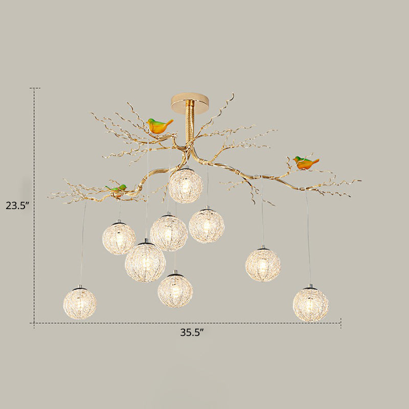 Ball Tree LED Chandelier Artistic Aluminum Wire Gold Hanging Lamp with Bird Decorations 9 Gold Third Gear Clearhalo 'Cast Iron' 'Ceiling Lights' 'Chandeliers' 'Industrial Chandeliers' 'Industrial' 'Metal' 'Middle Century Chandeliers' 'Rustic Chandeliers' 'Tiffany' Lighting' 2415662