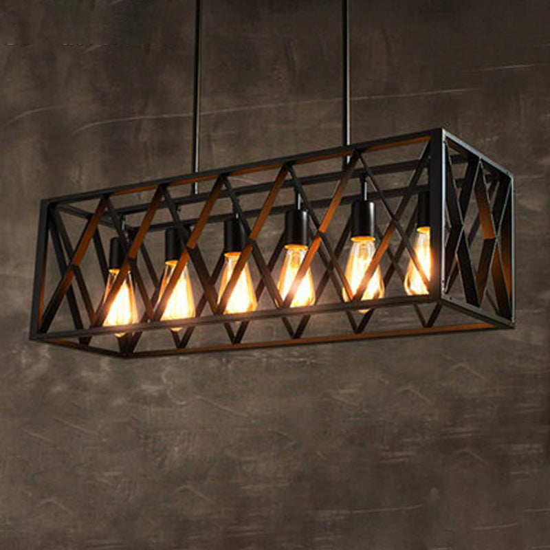 Black Cuboid Island Light Fixture Warehouse Metal Dining Room Suspension Pendant Light 6 Black Clearhalo 'Ceiling Lights' 'Island Lights' Lighting' 2415749