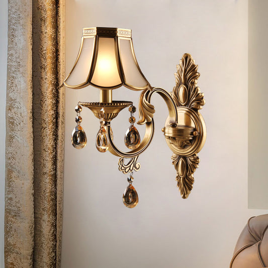 Antique Scalloped Shade Wall Lamp 1-Head Opaque Glass Wall Lighting in Brass with Crystal Accents Clearhalo 'Wall Lamps & Sconces' 'Wall Lights' Lighting' 2415753