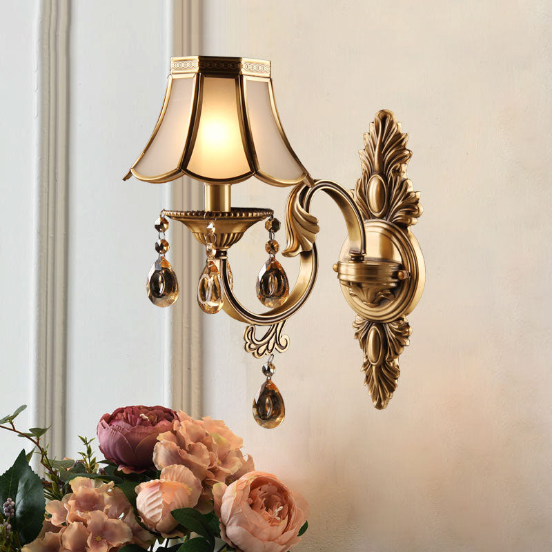 Antique Scalloped Shade Wall Lamp 1-Head Opaque Glass Wall Lighting in Brass with Crystal Accents Brass Clearhalo 'Wall Lamps & Sconces' 'Wall Lights' Lighting' 2415754