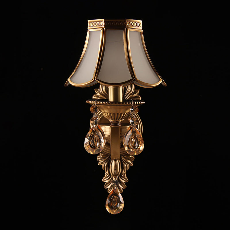 Antique Scalloped Shade Wall Lamp 1-Head Opaque Glass Wall Lighting in Brass with Crystal Accents Clearhalo 'Wall Lamps & Sconces' 'Wall Lights' Lighting' 2415755