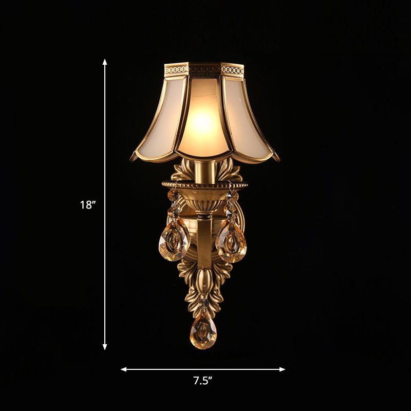 Antique Scalloped Shade Wall Lamp 1-Head Opaque Glass Wall Lighting in Brass with Crystal Accents Clearhalo 'Wall Lamps & Sconces' 'Wall Lights' Lighting' 2415758