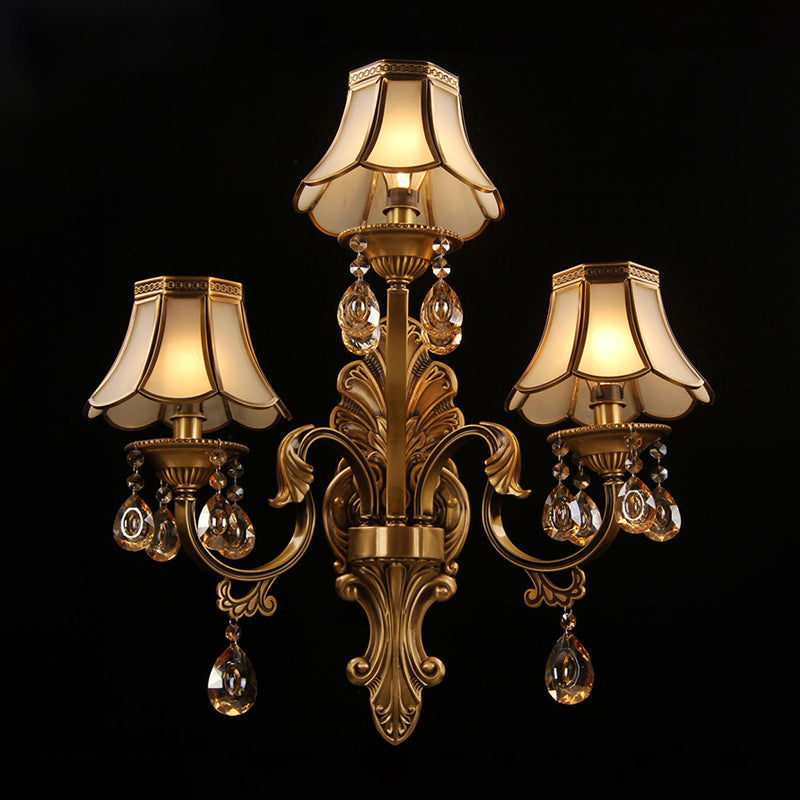 3 Heads Scalloped Wall Lighting Traditional Brass Finish Frosted Glass Sconce with Crystal Deco Clearhalo 'Wall Lamps & Sconces' 'Wall Lights' Lighting' 2415765