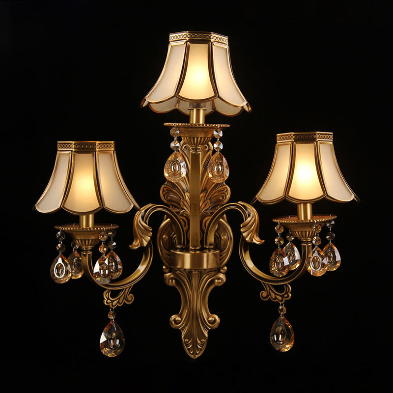 3 Heads Scalloped Wall Lighting Traditional Brass Finish Frosted Glass Sconce with Crystal Deco Brass Clearhalo 'Wall Lamps & Sconces' 'Wall Lights' Lighting' 2415766