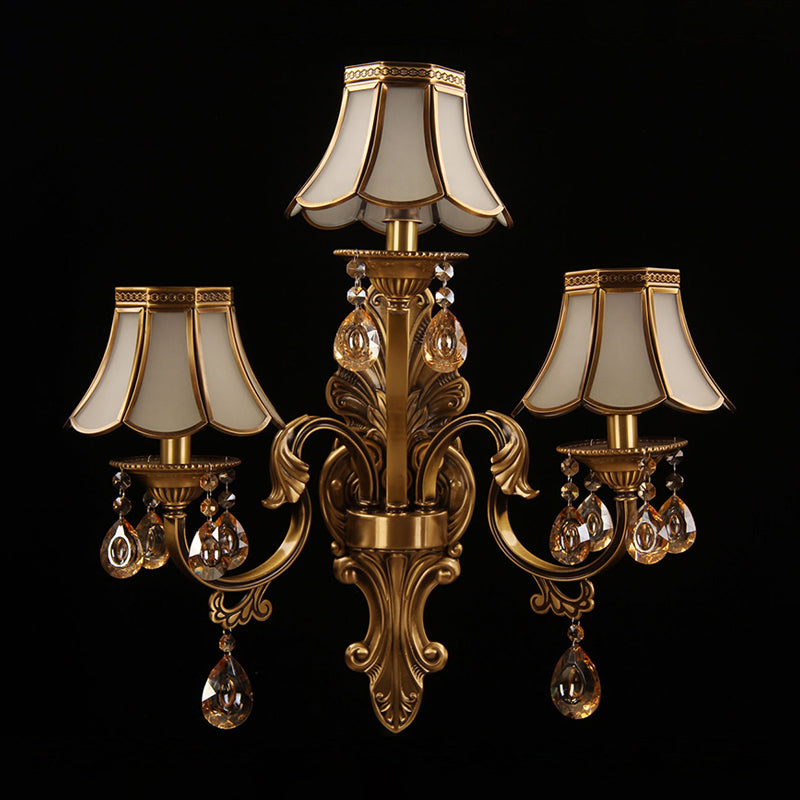 3 Heads Scalloped Wall Lighting Traditional Brass Finish Frosted Glass Sconce with Crystal Deco Clearhalo 'Wall Lamps & Sconces' 'Wall Lights' Lighting' 2415767