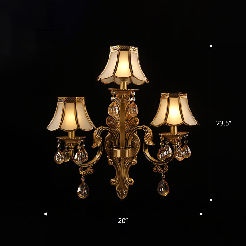 3 Heads Scalloped Wall Lighting Traditional Brass Finish Frosted Glass Sconce with Crystal Deco Clearhalo 'Wall Lamps & Sconces' 'Wall Lights' Lighting' 2415770