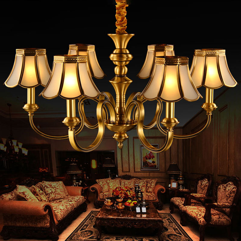 Traditional Flower Hanging Lamp 6 Bulbs Frosted White Glass Chandelier Light in Brass Brass Clearhalo 'Ceiling Lights' 'Chandeliers' Lighting' 2415783