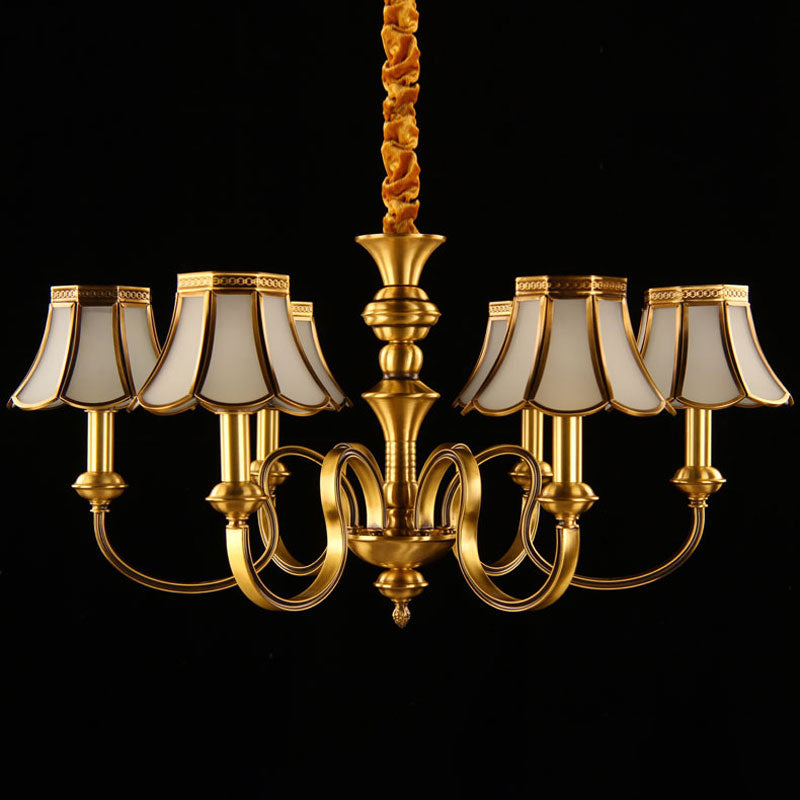 Traditional Flower Hanging Lamp 6 Bulbs Frosted White Glass Chandelier Light in Brass Clearhalo 'Ceiling Lights' 'Chandeliers' Lighting' 2415784