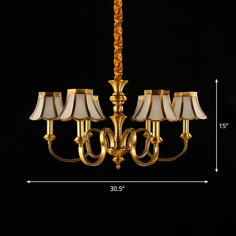 Traditional Flower Hanging Lamp 6 Bulbs Frosted White Glass Chandelier Light in Brass Clearhalo 'Ceiling Lights' 'Chandeliers' Lighting' 2415787