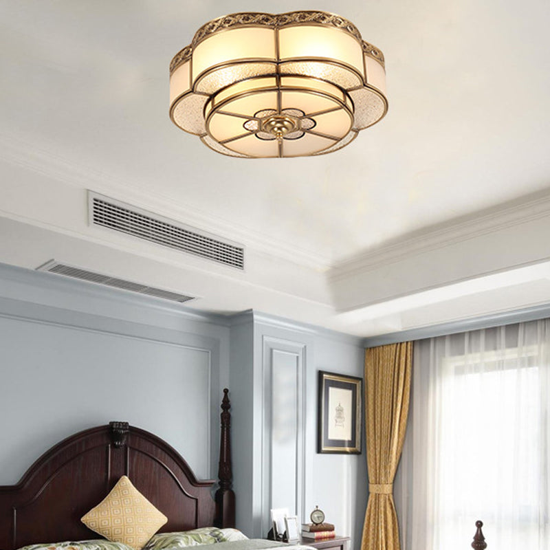 Brass Floral Ceiling Mounted Light Vintage Opal Glass Bedroom Flush Mount Fixture Clearhalo 'Ceiling Lights' 'Close To Ceiling Lights' 'Close to ceiling' 'Flush mount' Lighting' 2415788