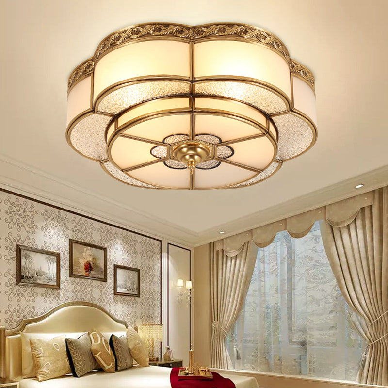 Brass Floral Ceiling Mounted Light Vintage Opal Glass Bedroom Flush Mount Fixture Clearhalo 'Ceiling Lights' 'Close To Ceiling Lights' 'Close to ceiling' 'Flush mount' Lighting' 2415789