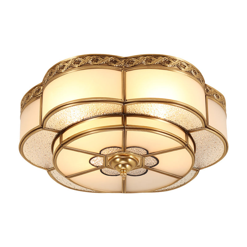 Brass Floral Ceiling Mounted Light Vintage Opal Glass Bedroom Flush Mount Fixture Clearhalo 'Ceiling Lights' 'Close To Ceiling Lights' 'Close to ceiling' 'Flush mount' Lighting' 2415792