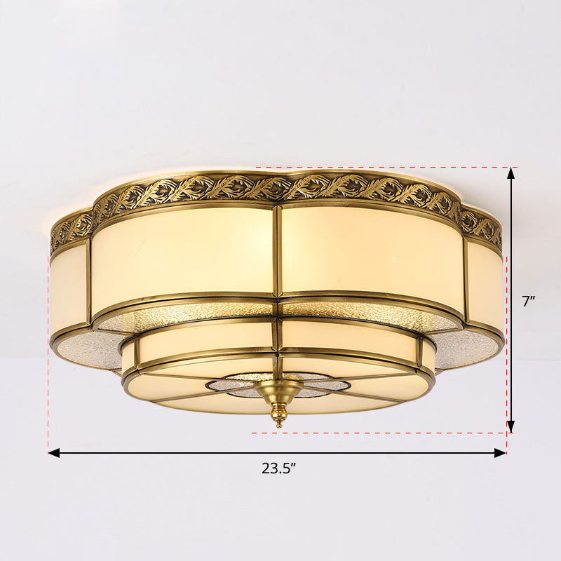 Brass Floral Ceiling Mounted Light Vintage Opal Glass Bedroom Flush Mount Fixture 6 Brass Clearhalo 'Ceiling Lights' 'Close To Ceiling Lights' 'Close to ceiling' 'Flush mount' Lighting' 2415793