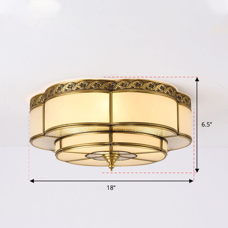 Brass Floral Ceiling Mounted Light Vintage Opal Glass Bedroom Flush Mount Fixture 4 Brass Clearhalo 'Ceiling Lights' 'Close To Ceiling Lights' 'Close to ceiling' 'Flush mount' Lighting' 2415794