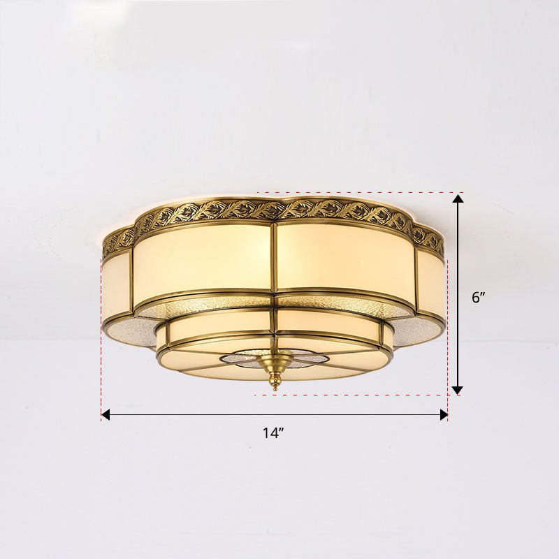 Brass Floral Ceiling Mounted Light Vintage Opal Glass Bedroom Flush Mount Fixture 3 Brass Clearhalo 'Ceiling Lights' 'Close To Ceiling Lights' 'Close to ceiling' 'Flush mount' Lighting' 2415795