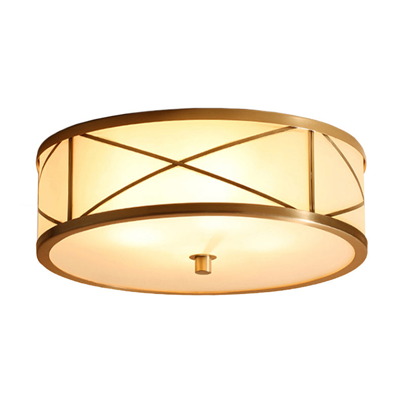 Simplicity Drum Flushmount Lighting Opal Glass Ceiling Mounted Fixture with X Brace in Brass Clearhalo 'Ceiling Lights' 'Close To Ceiling Lights' 'Close to ceiling' 'Flush mount' Lighting' 2415797