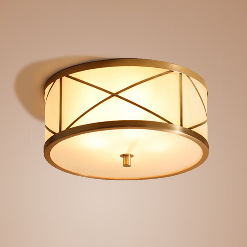 Simplicity Drum Flushmount Lighting Opal Glass Ceiling Mounted Fixture with X Brace in Brass Clearhalo 'Ceiling Lights' 'Close To Ceiling Lights' 'Close to ceiling' 'Flush mount' Lighting' 2415798