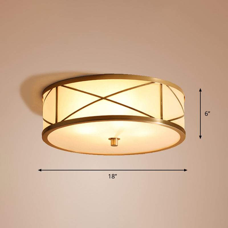 Simplicity Drum Flushmount Lighting Opal Glass Ceiling Mounted Fixture with X Brace in Brass Brass 18" Clearhalo 'Ceiling Lights' 'Close To Ceiling Lights' 'Close to ceiling' 'Flush mount' Lighting' 2415799