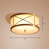 Simplicity Drum Flushmount Lighting Opal Glass Ceiling Mounted Fixture with X Brace in Brass Brass 14" Clearhalo 'Ceiling Lights' 'Close To Ceiling Lights' 'Close to ceiling' 'Flush mount' Lighting' 2415800