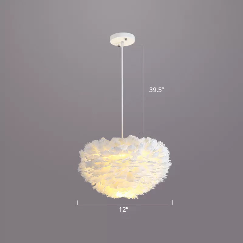 Bedroom Suspension Light Fixture Nordic Style Drop Pendant with Dome Feather Shade White 12" Clearhalo 'Ceiling Lights' 'Modern Pendants' 'Modern' 'Pendant Lights' 'Pendants' Lighting' 2415875