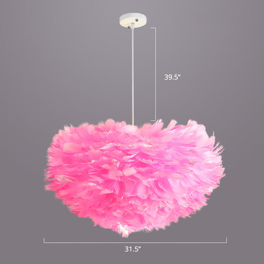 Bedroom Suspension Light Fixture Nordic Style Drop Pendant with Dome Feather Shade Pink 31.5" Clearhalo 'Ceiling Lights' 'Modern Pendants' 'Modern' 'Pendant Lights' 'Pendants' Lighting' 2415886