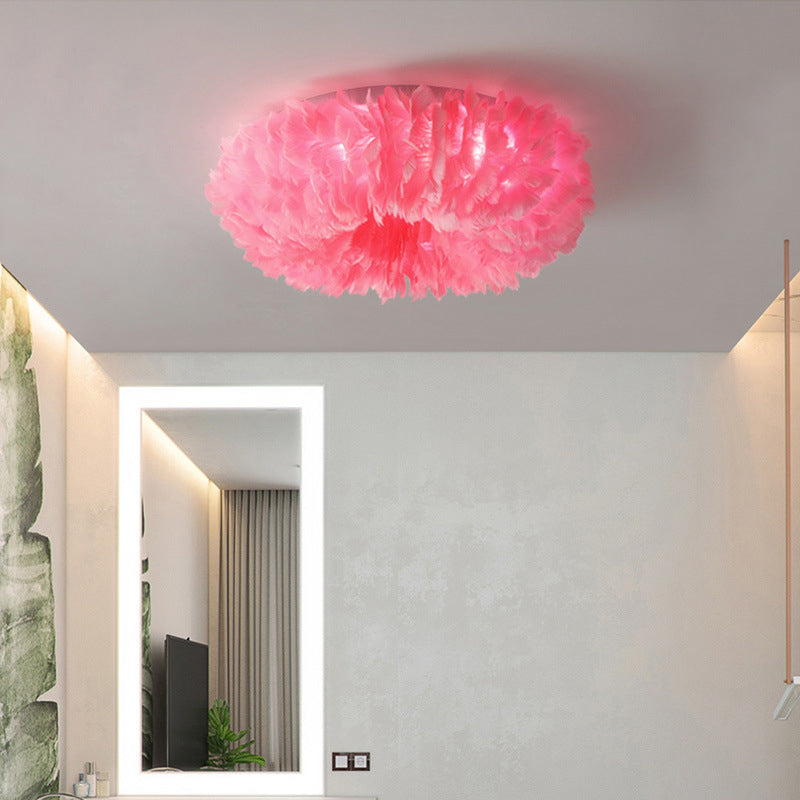 Donut Shaped Girls Room Flush Ceiling Light Feather Modernist Flush Mount Lighting Fixture Pink Clearhalo 'Ceiling Lights' 'Close To Ceiling Lights' 'Close to ceiling' 'Flush mount' Lighting' 2415899