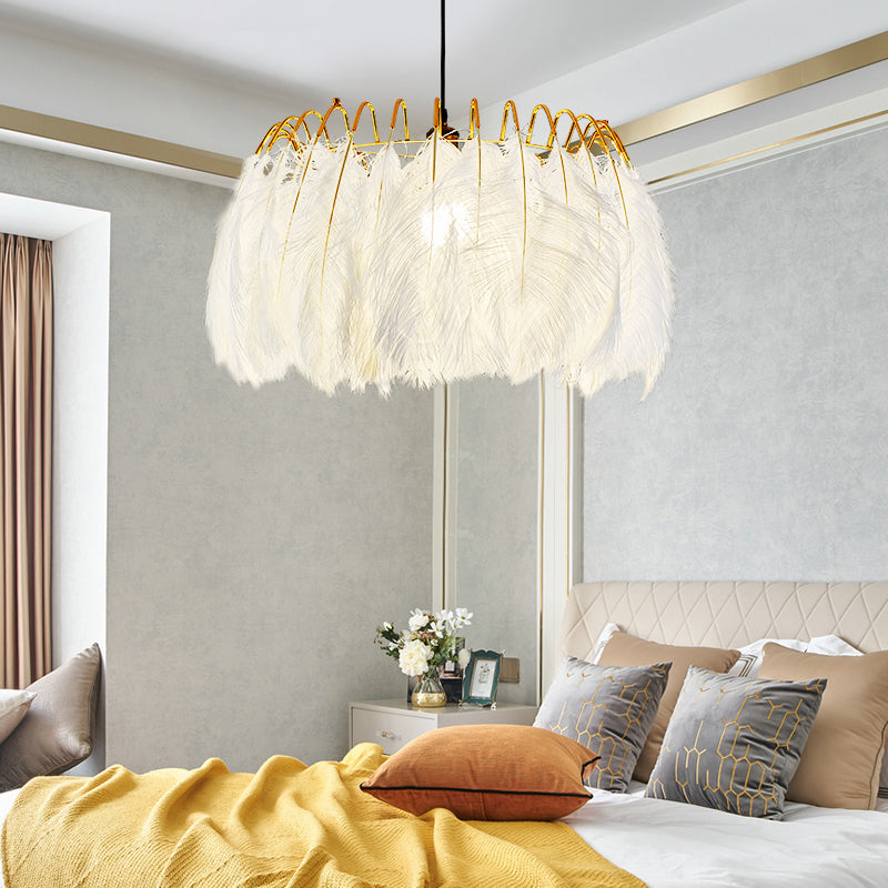 Round Feather Hanging Lamp Postmodern White Chandelier Light Fixture for Living Room Clearhalo 'Ceiling Lights' 'Chandeliers' 'Modern Chandeliers' 'Modern' Lighting' 2415908