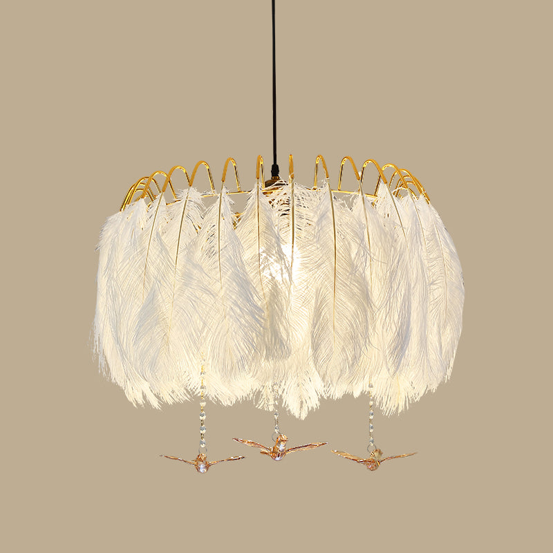 Round Feather Hanging Lamp Postmodern White Chandelier Light Fixture for Living Room White 23.5" with Crystal Clearhalo 'Ceiling Lights' 'Chandeliers' 'Modern Chandeliers' 'Modern' Lighting' 2415909
