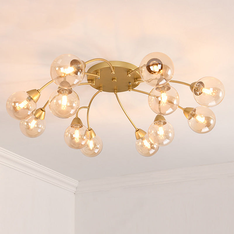 Grape Shape Semi Flush Lamp Modernist Amber/Smoky/Cream Glass 6/12 Lights Gold Led Semi Flush Mount Light Fixture 12 Amber Clearhalo 'Ceiling Lights' 'Chandeliers' 'Close To Ceiling Lights' 'Close to ceiling' 'Glass shade' 'Glass' 'Semi-flushmount' Lighting' 241591