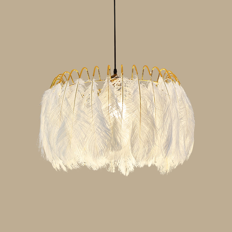 Round Feather Hanging Lamp Postmodern White Chandelier Light Fixture for Living Room White 19.5" without Crystal Clearhalo 'Ceiling Lights' 'Chandeliers' 'Modern Chandeliers' 'Modern' Lighting' 2415914