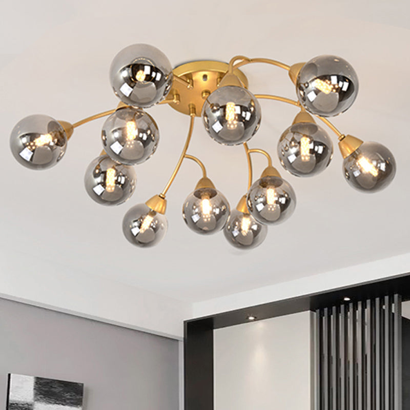 Grape Shape Semi Flush Lamp Modernist Amber/Smoky/Cream Glass 6/12 Lights Gold Led Semi Flush Mount Light Fixture Clearhalo 'Ceiling Lights' 'Chandeliers' 'Close To Ceiling Lights' 'Close to ceiling' 'Glass shade' 'Glass' 'Semi-flushmount' Lighting' 241593