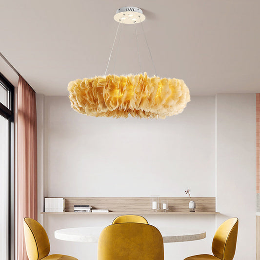 Nordic Loop Shaped Chandelier Pendant Feather Dining Room Suspended Lighting Fixture Yellow Clearhalo 'Ceiling Lights' 'Chandeliers' 'Modern Chandeliers' 'Modern' Lighting' 2415953