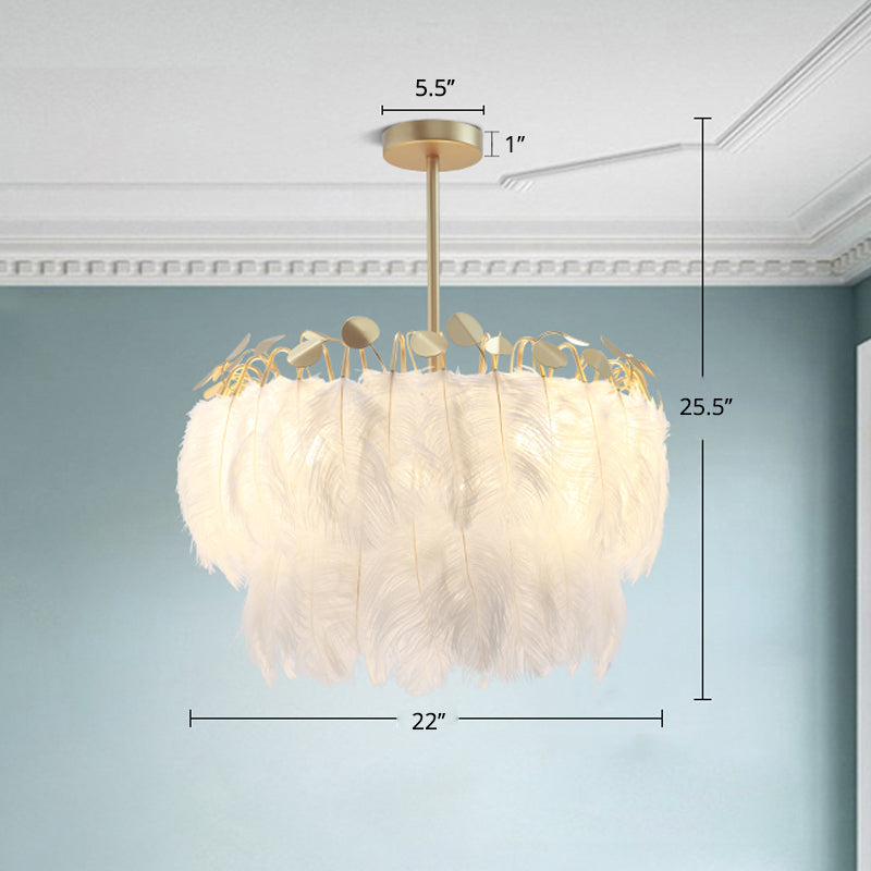 Round Chandelier Light Fixture Postmodern Feather White Hanging Lamp for Bedroom White 22" Clearhalo 'Ceiling Lights' 'Chandeliers' 'Modern Chandeliers' 'Modern' Lighting' 2415957