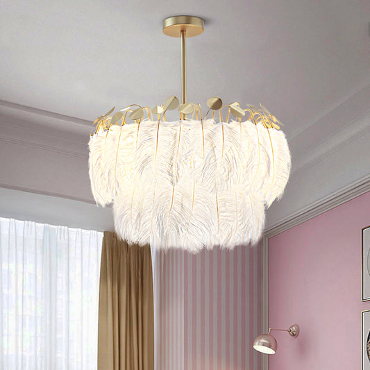 Round Chandelier Light Fixture Postmodern Feather White Hanging Lamp for Bedroom Clearhalo 'Ceiling Lights' 'Chandeliers' 'Modern Chandeliers' 'Modern' Lighting' 2415959