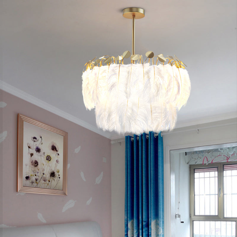 Round Chandelier Light Fixture Postmodern Feather White Hanging Lamp for Bedroom Clearhalo 'Ceiling Lights' 'Chandeliers' 'Modern Chandeliers' 'Modern' Lighting' 2415960
