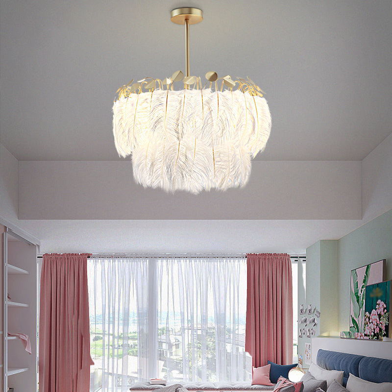 Round Chandelier Light Fixture Postmodern Feather White Hanging Lamp for Bedroom Clearhalo 'Ceiling Lights' 'Chandeliers' 'Modern Chandeliers' 'Modern' Lighting' 2415961