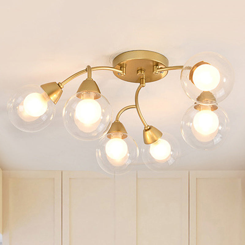 6/12 Lights Bedroom Semi Flush with Sphere Clear Glass Shade Modern Gold Led Semi Flush Ceiling Light Clearhalo 'Ceiling Lights' 'Close To Ceiling Lights' 'Close to ceiling' 'Glass shade' 'Glass' 'Semi-flushmount' Lighting' 241607