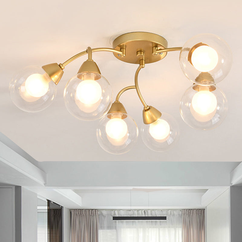 6/12 Lights Bedroom Semi Flush with Sphere Clear Glass Shade Modern Gold Led Semi Flush Ceiling Light 6 Gold B Clearhalo 'Ceiling Lights' 'Close To Ceiling Lights' 'Close to ceiling' 'Glass shade' 'Glass' 'Semi-flushmount' Lighting' 241608