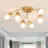 6/12 Lights Bedroom Semi Flush with Sphere Clear Glass Shade Modern Gold Led Semi Flush Ceiling Light 6 Gold B Clearhalo 'Ceiling Lights' 'Close To Ceiling Lights' 'Close to ceiling' 'Glass shade' 'Glass' 'Semi-flushmount' Lighting' 241608