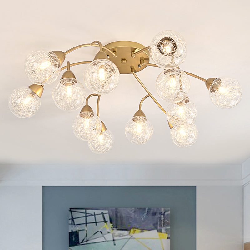 6/12 Lights Bedroom Semi Flush with Sphere Clear Glass Shade Modern Gold Led Semi Flush Ceiling Light 12 Gold A Clearhalo 'Ceiling Lights' 'Close To Ceiling Lights' 'Close to ceiling' 'Glass shade' 'Glass' 'Semi-flushmount' Lighting' 241609