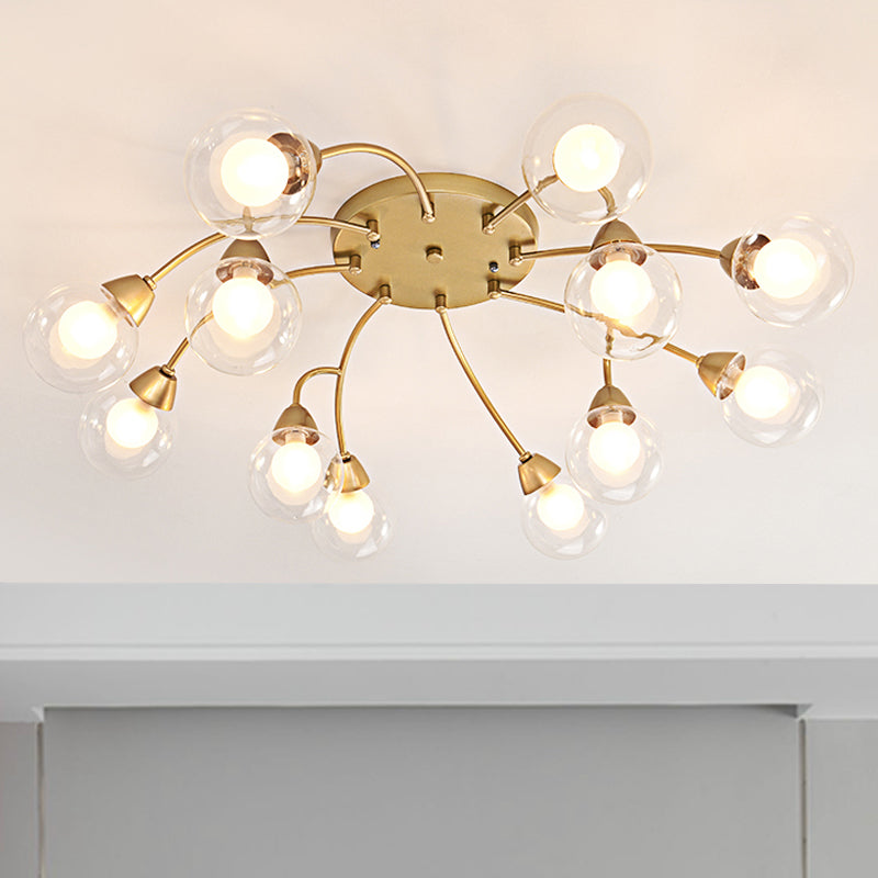 6/12 Lights Bedroom Semi Flush with Sphere Clear Glass Shade Modern Gold Led Semi Flush Ceiling Light Clearhalo 'Ceiling Lights' 'Close To Ceiling Lights' 'Close to ceiling' 'Glass shade' 'Glass' 'Semi-flushmount' Lighting' 241612