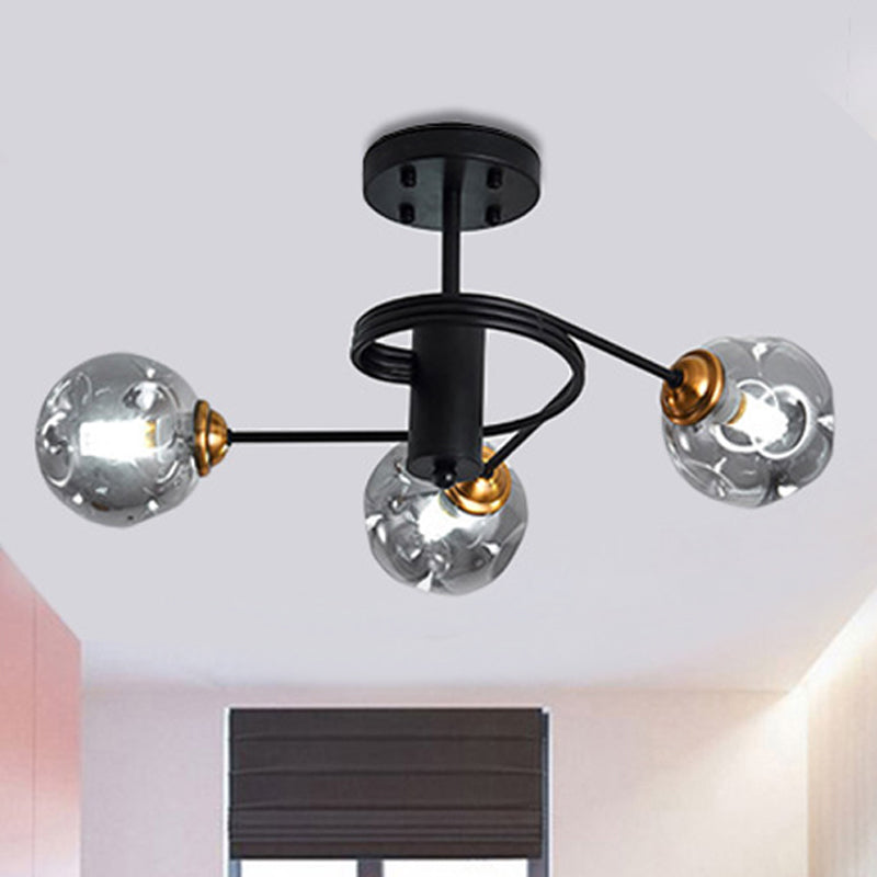 3/5 Lights Living Room Semi Flush with Ball Amber/Smoke Dimpled Blown Glass Shade Modernist Black Semi Flush Ceiling Light 3 Smoke Gray Clearhalo 'Ceiling Lights' 'Close To Ceiling Lights' 'Close to ceiling' 'Glass shade' 'Glass' 'Pendant Lights' 'Semi-flushmount' Lighting' 241675