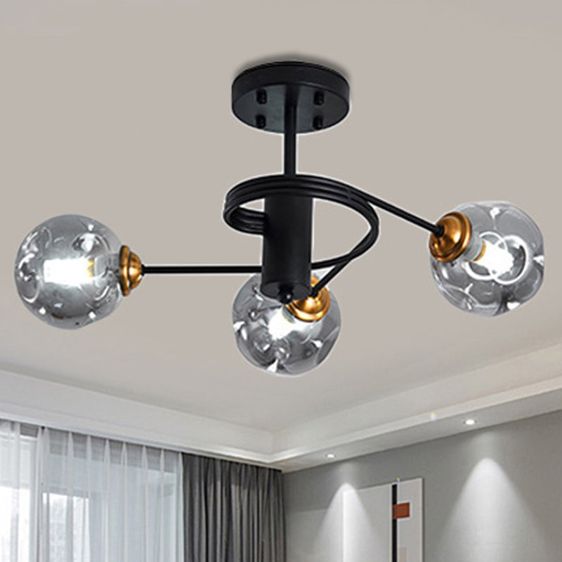 3/5 Lights Living Room Semi Flush with Ball Amber/Smoke Dimpled Blown Glass Shade Modernist Black Semi Flush Ceiling Light Clearhalo 'Ceiling Lights' 'Close To Ceiling Lights' 'Close to ceiling' 'Glass shade' 'Glass' 'Pendant Lights' 'Semi-flushmount' Lighting' 241676
