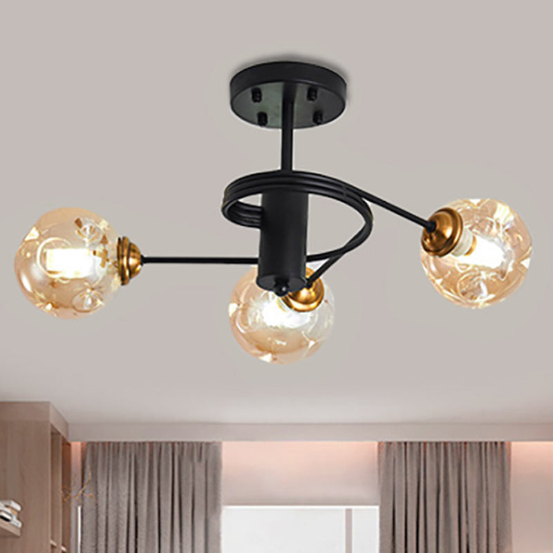 3/5 Lights Living Room Semi Flush with Ball Amber/Smoke Dimpled Blown Glass Shade Modernist Black Semi Flush Ceiling Light Clearhalo 'Ceiling Lights' 'Close To Ceiling Lights' 'Close to ceiling' 'Glass shade' 'Glass' 'Pendant Lights' 'Semi-flushmount' Lighting' 241678